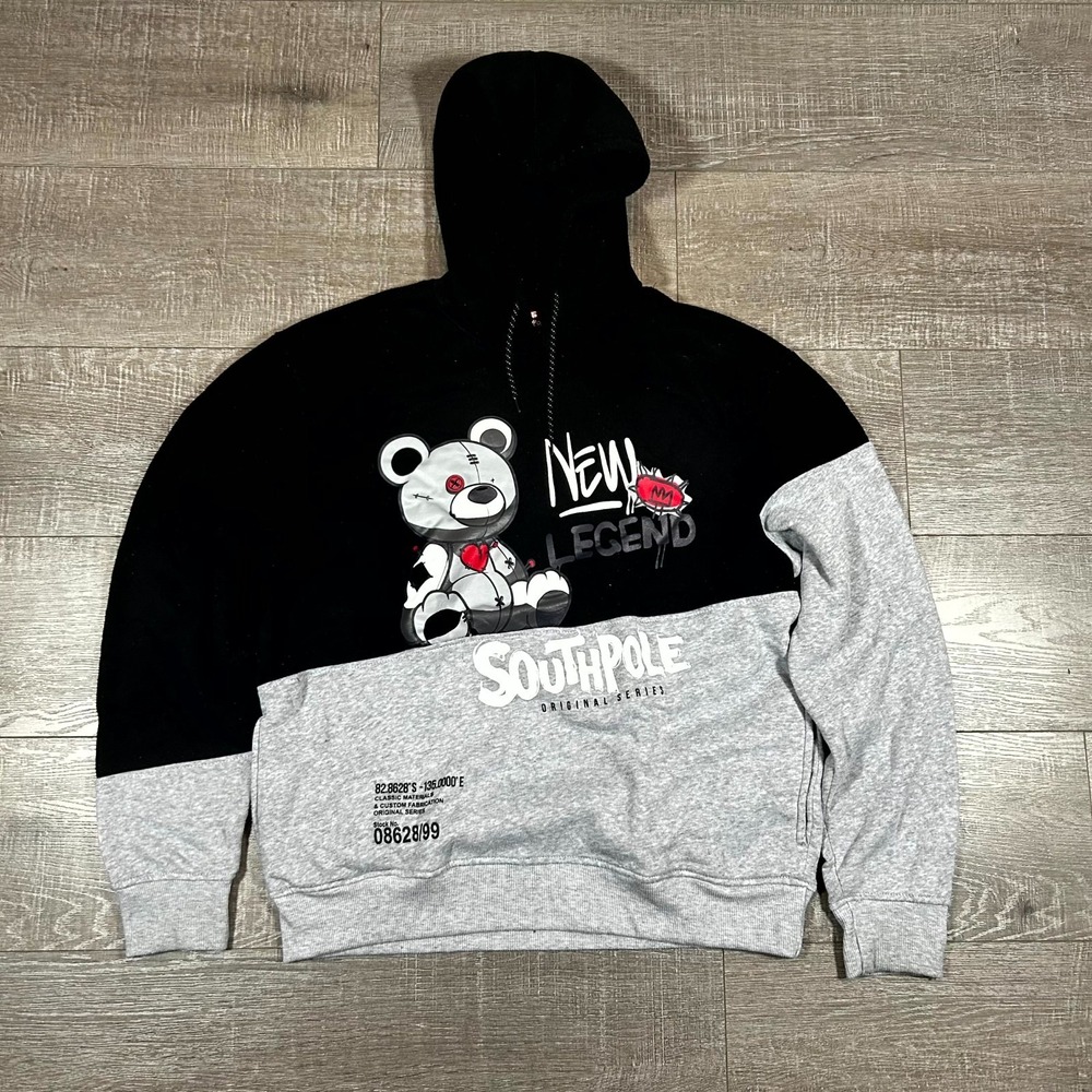 Southpole Men Black Grey Colorblock Teddy Bear New Legend Graphic Hoodie Large